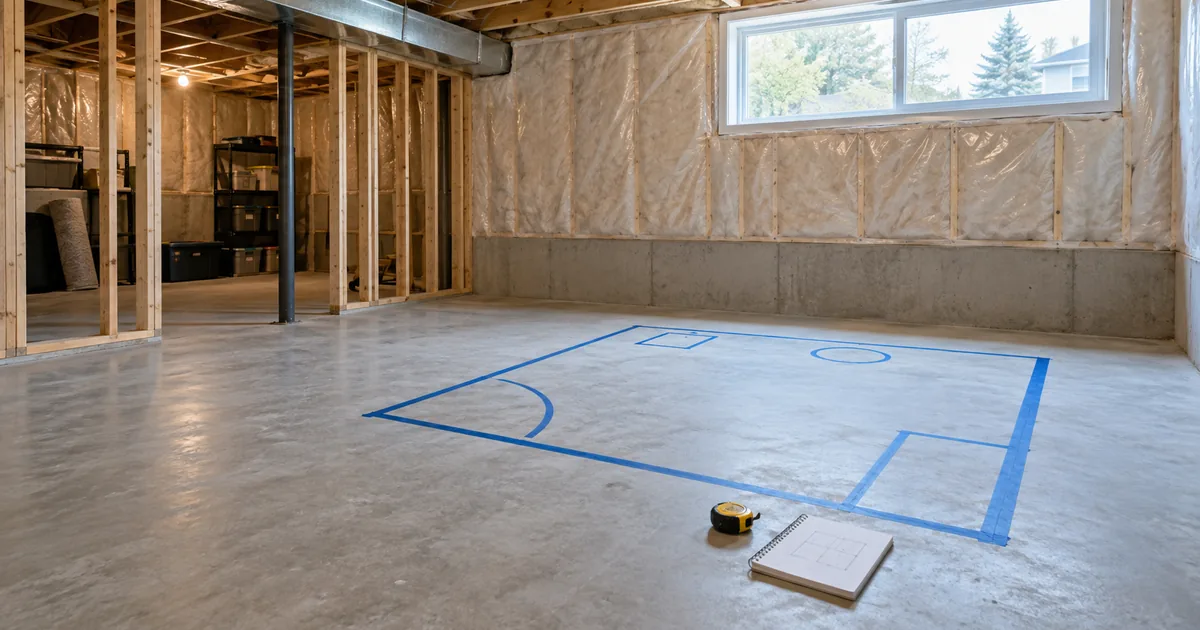 Taped room outline on an unfinished basement floor.
