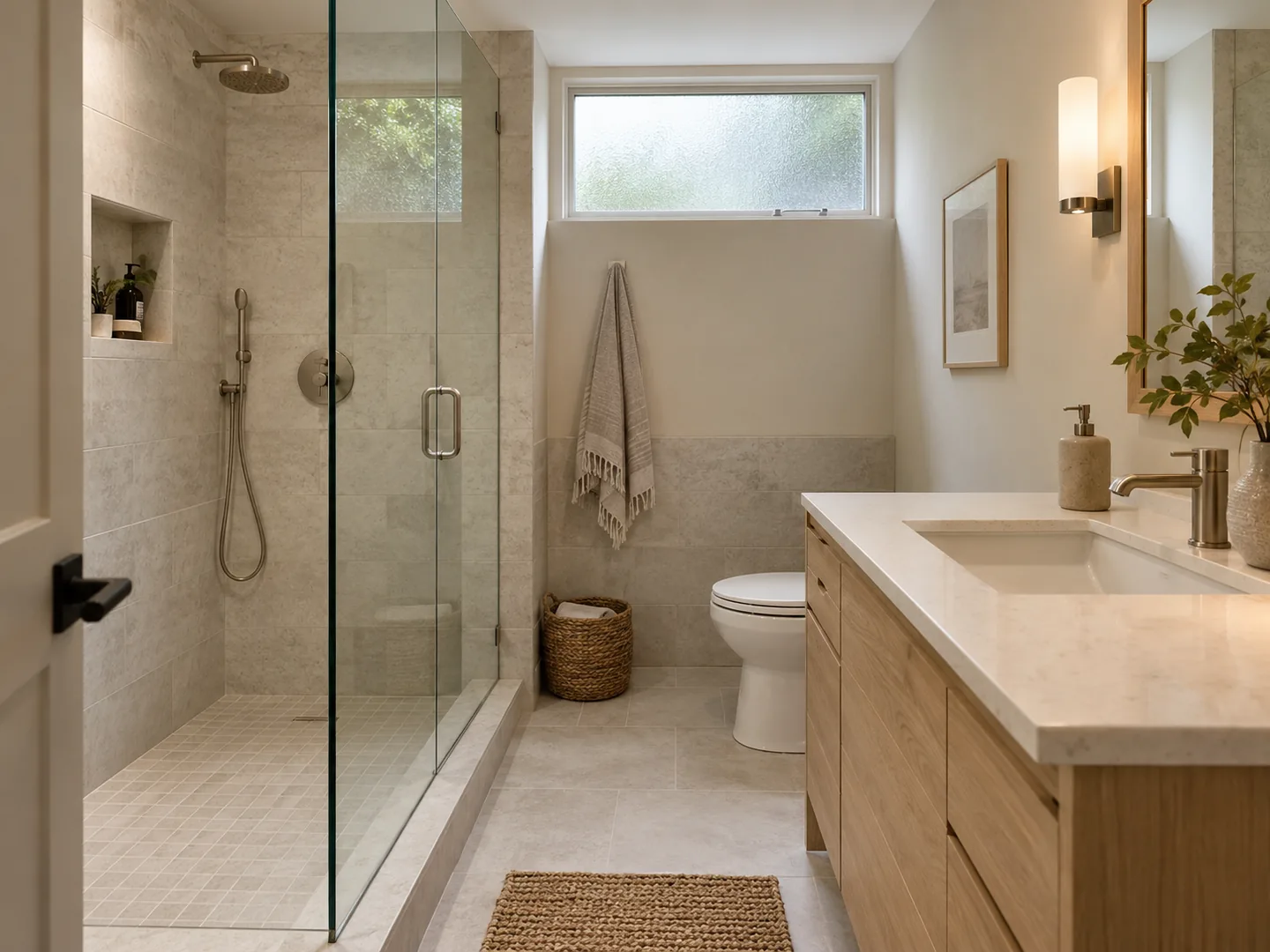 Small bathroom with a walk-in shower and simple vanity