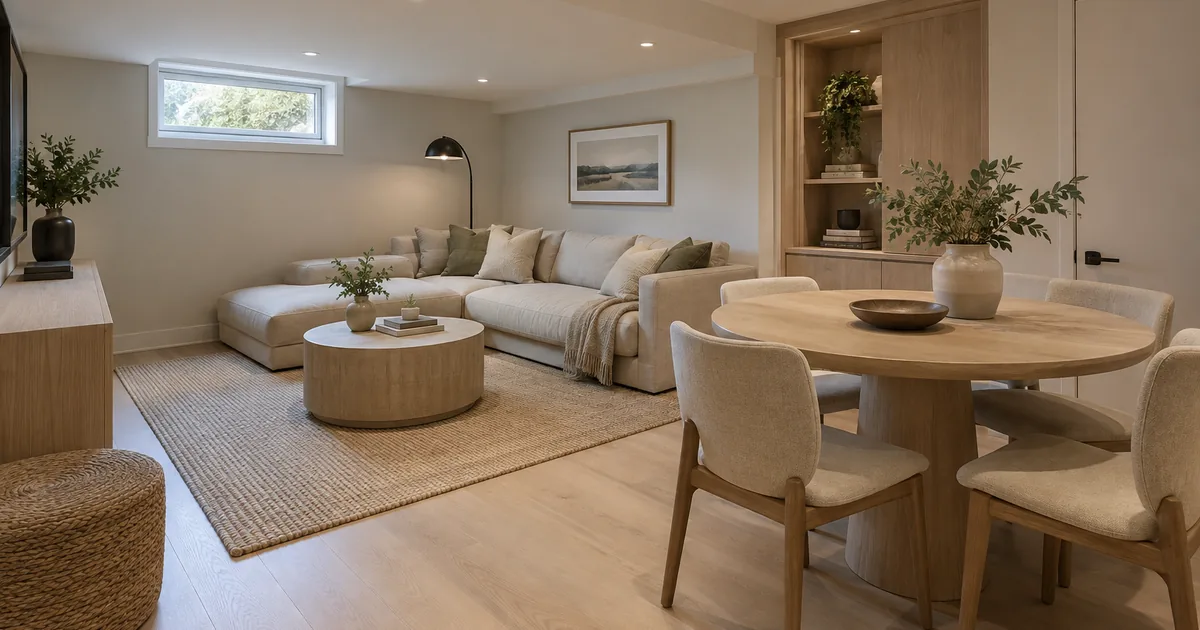 Lower-level lounge and compact dining arrangement with light wood finishes