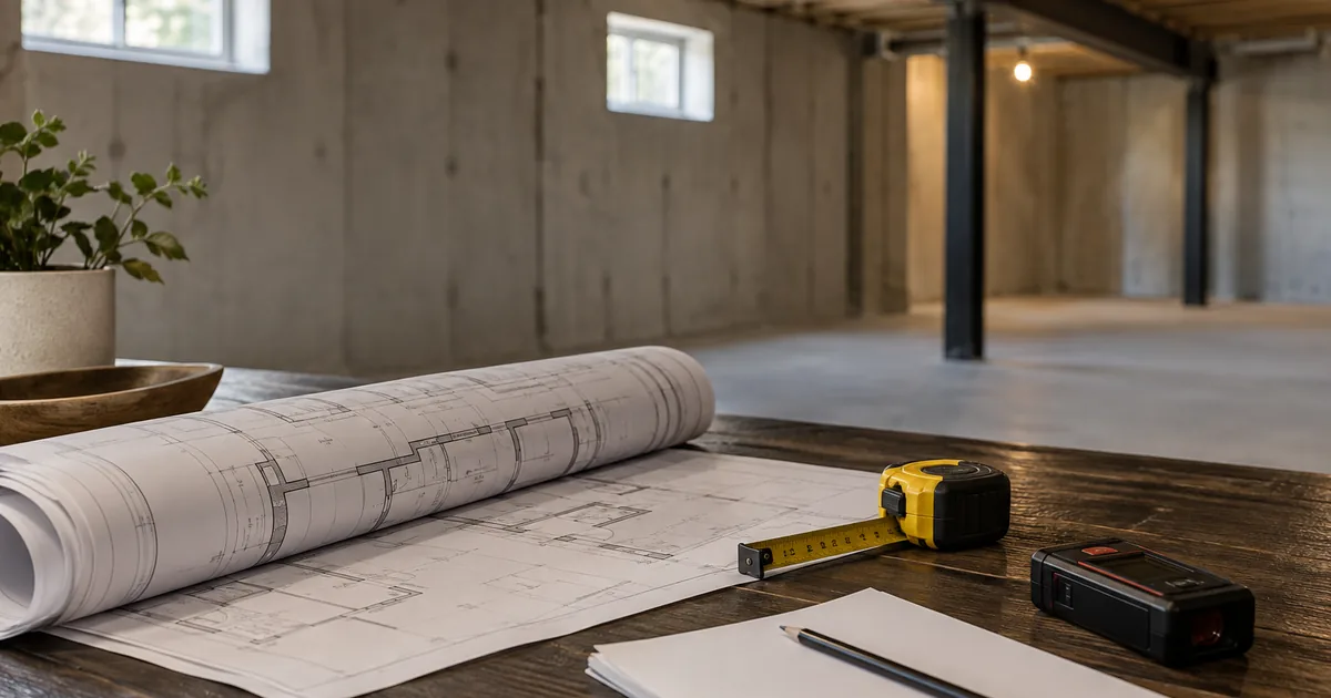 A rolled plan and room-measurement tools on a timber table