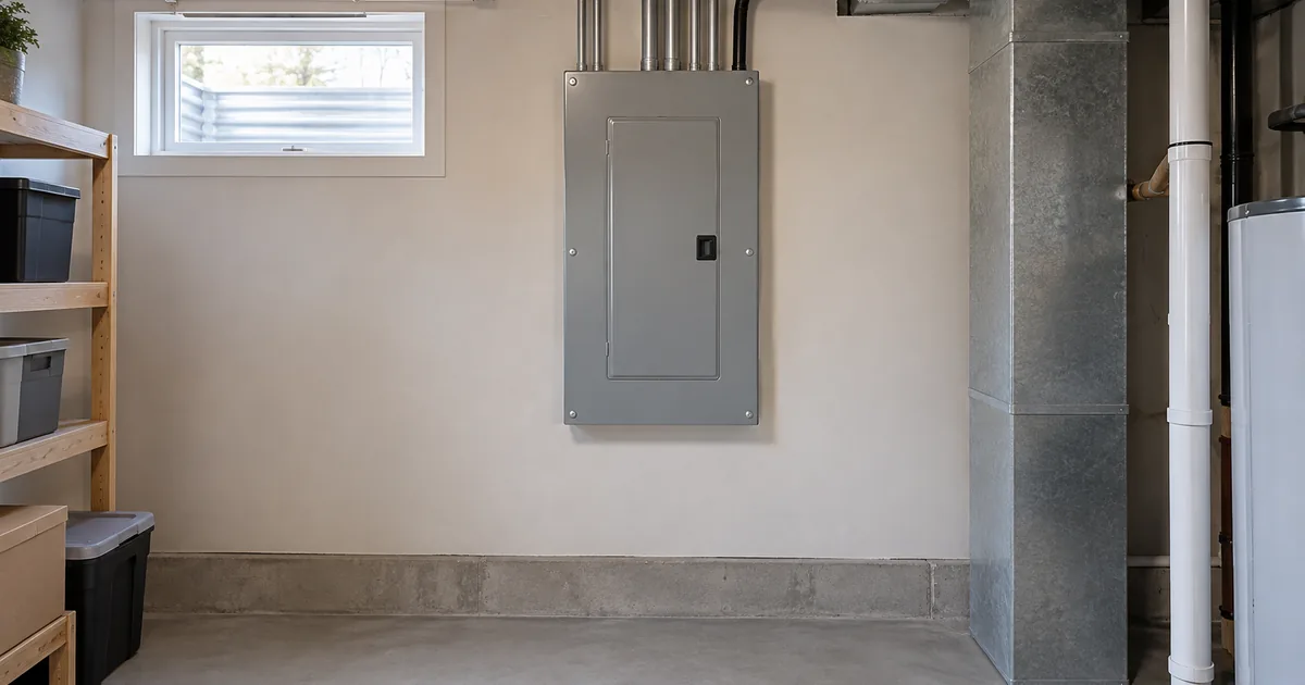 Closed electrical panel with clear access in a utility room.