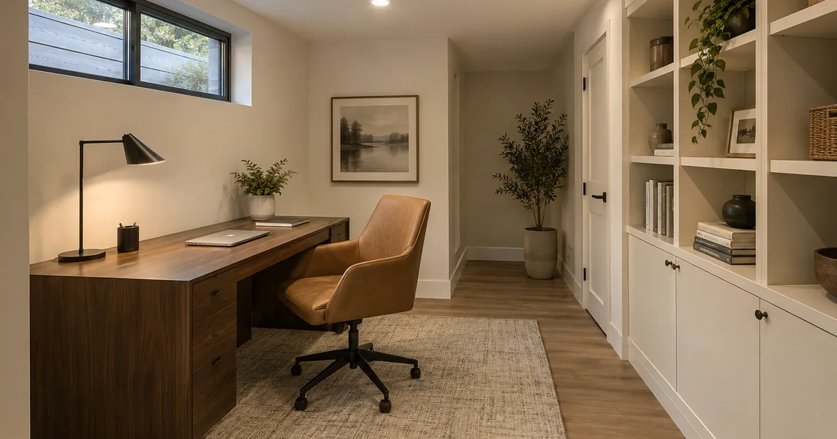 Lower-level home office with integrated shelving and restrained task lighting
