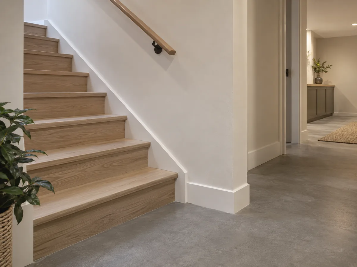 Finished lower-level flooring meeting a stair and a simple wall base