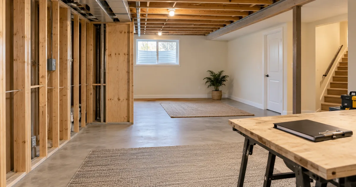 Partly finished basement prepared for a project review.