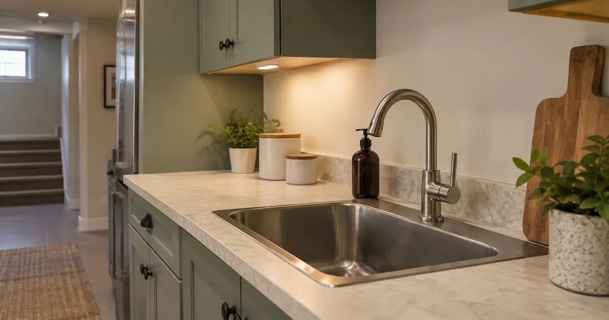 Sink and faucet in a compact lower-level kitchen.
