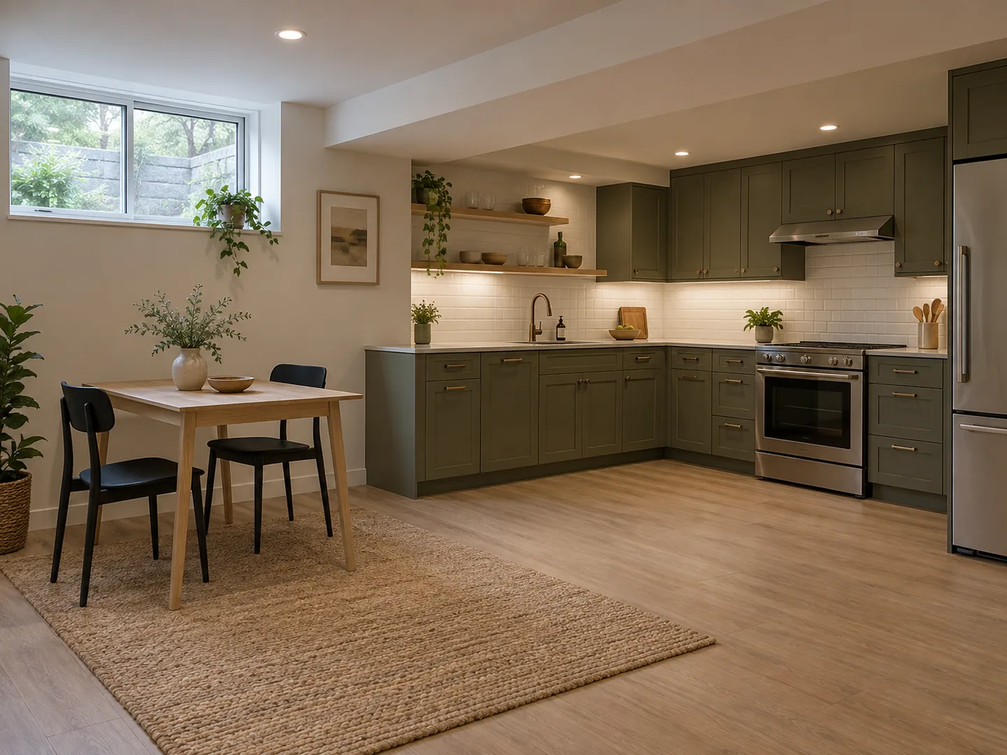An L-shaped kitchen with a compact two-person dining table