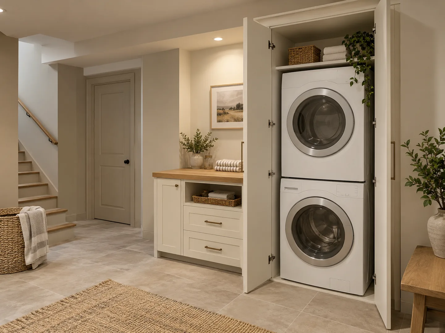 Stacked laundry behind coordinated cabinetry