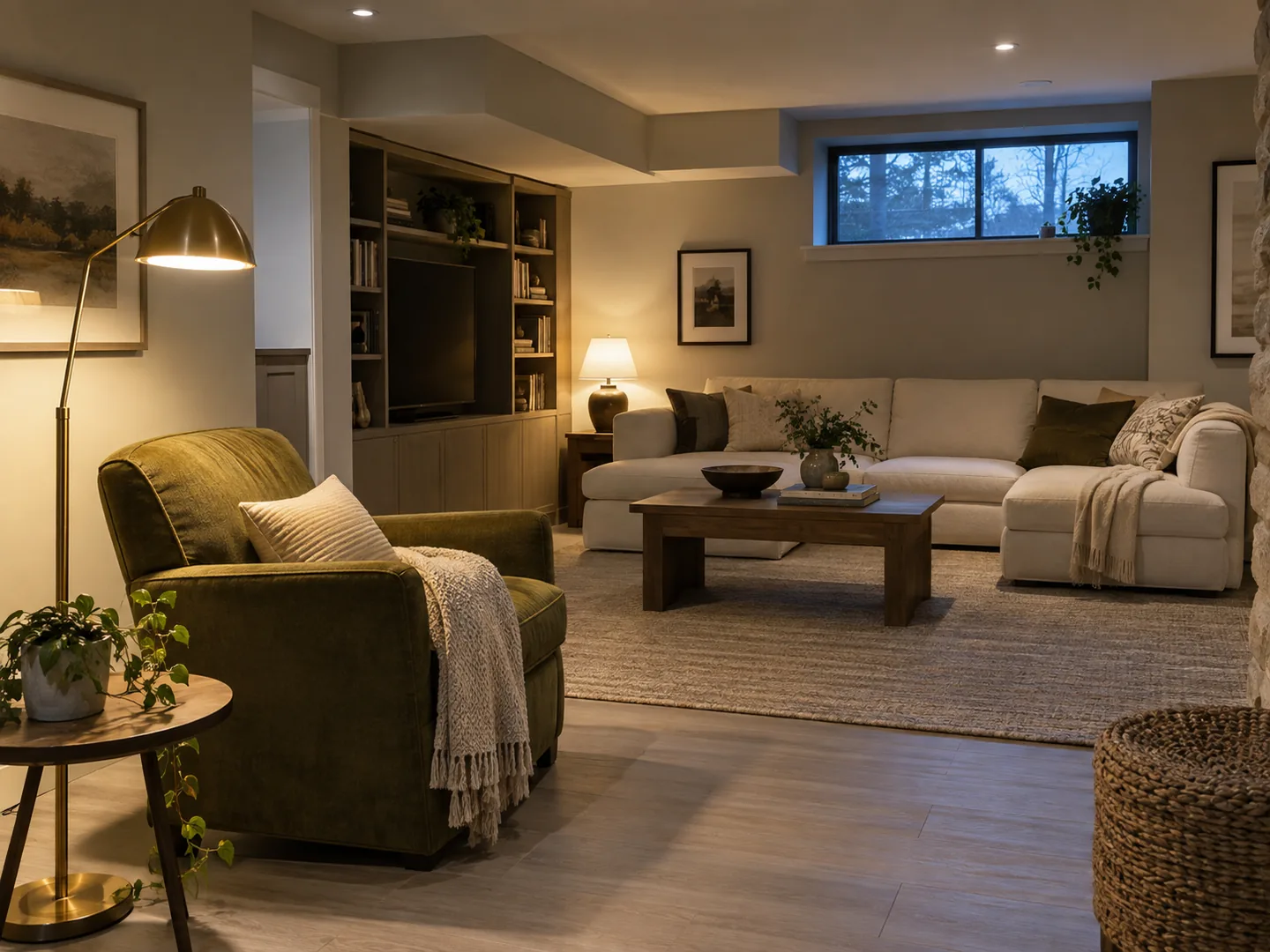 Basement living room combining task lighting and restrained ceiling lighting