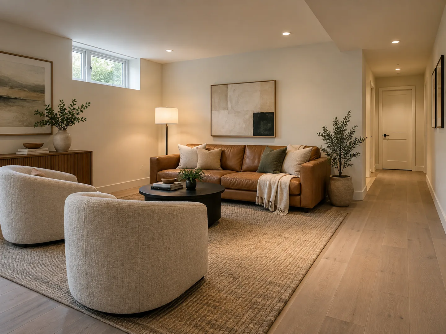 Lounge with low-profile seating and open circulation