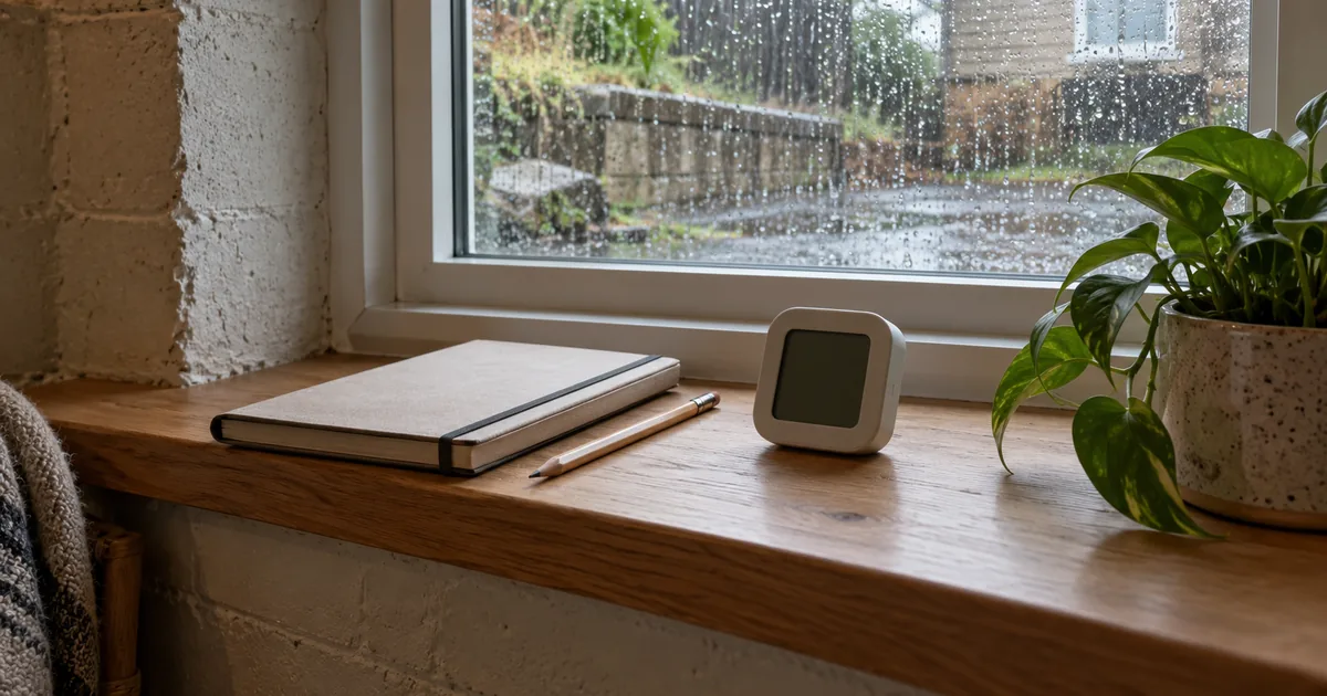 Notebook and humidity meter on a basement windowsill.