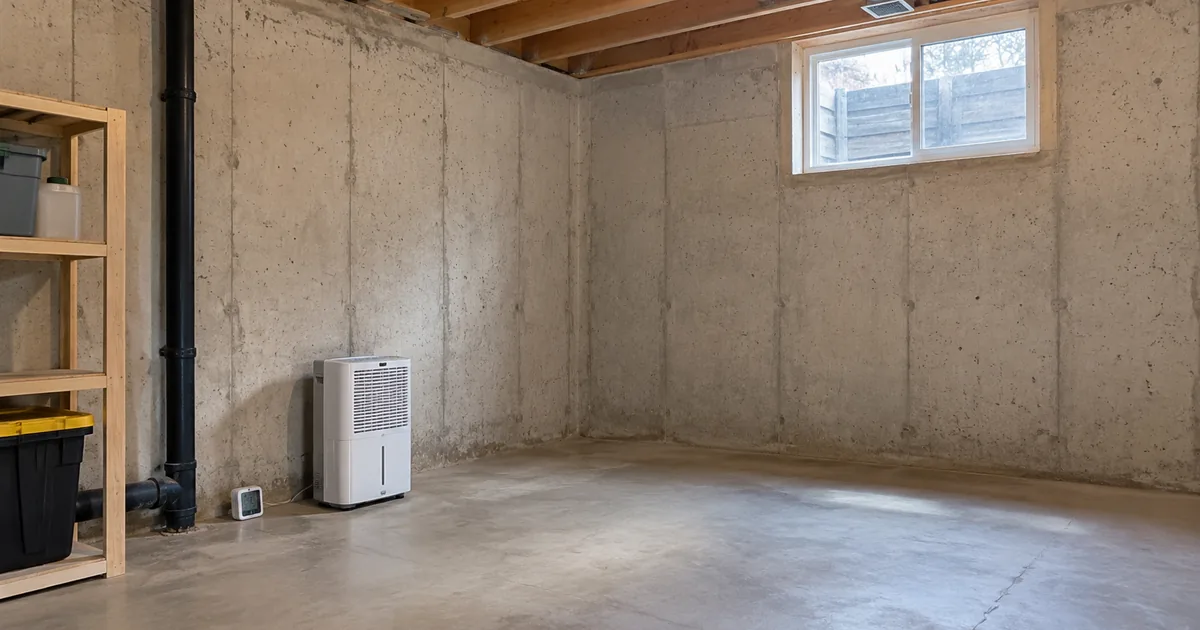 Unfinished basement corner with a dehumidifier.