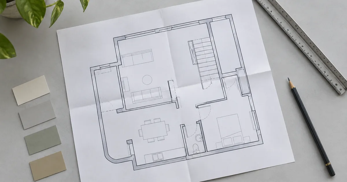 Flat lay of a folded floor plan, ruler and numbered paper tabs without invented official text