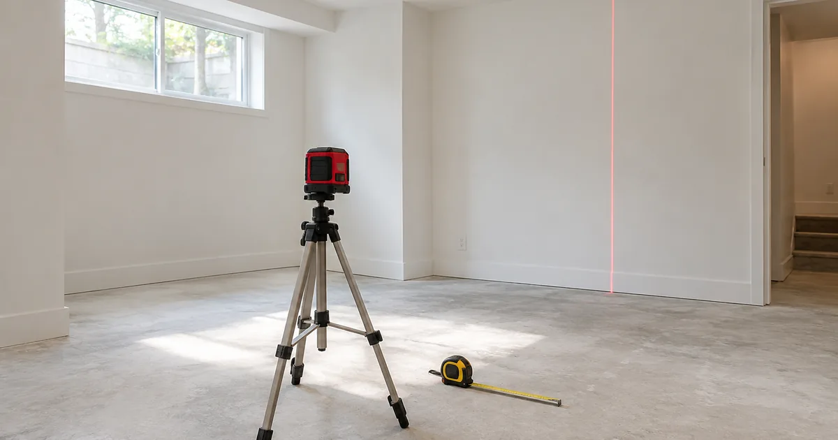 Measuring setup in a bare room with a laser level and no visible person