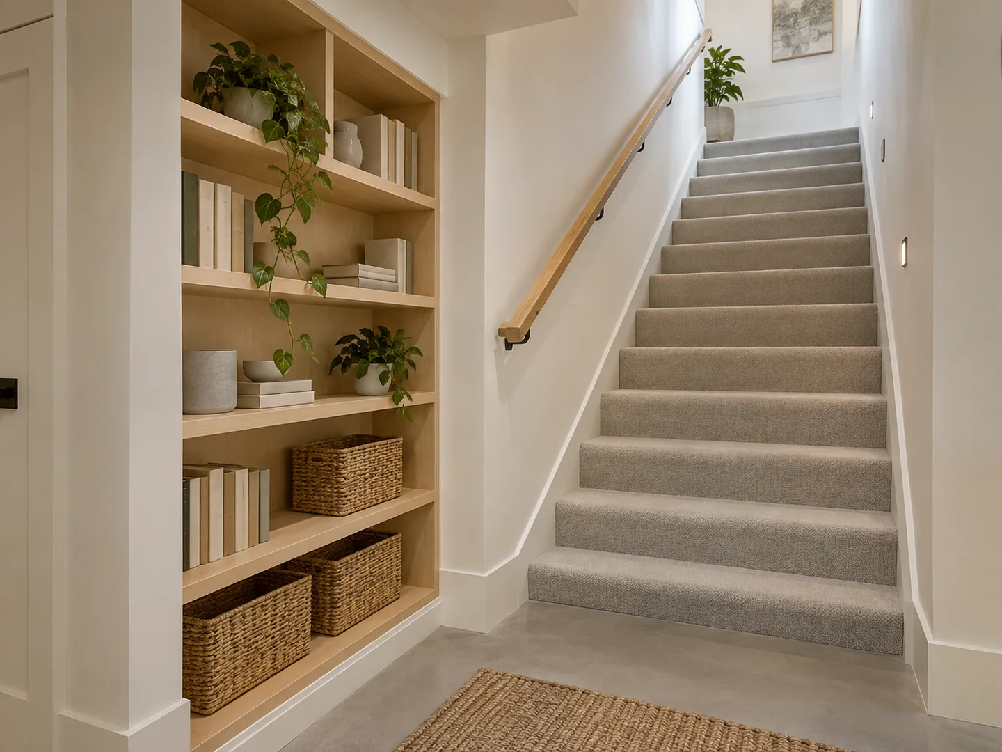 Built-in shelving beside an ordinary lower-level staircase