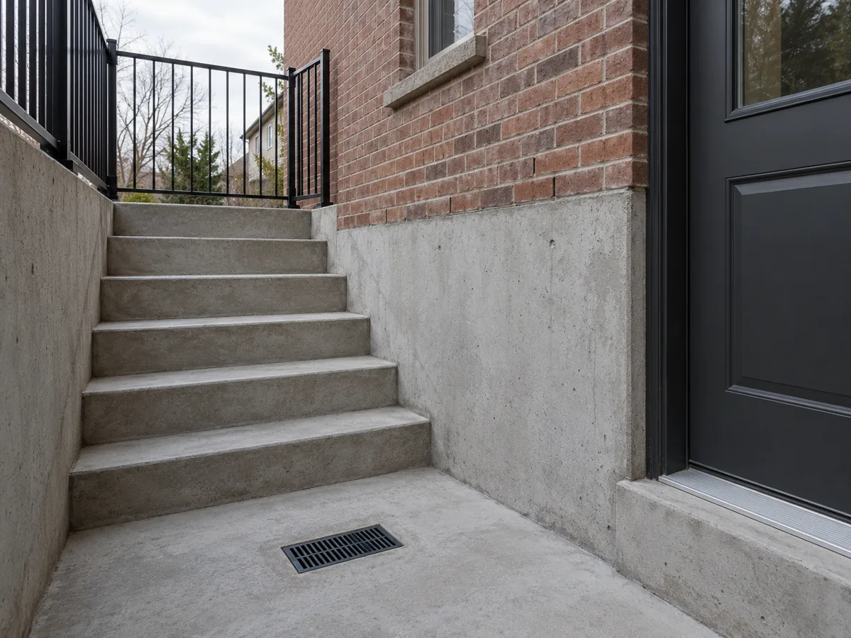 Close view of an exterior stairwell landing with a visible drain and coherent step arrangement