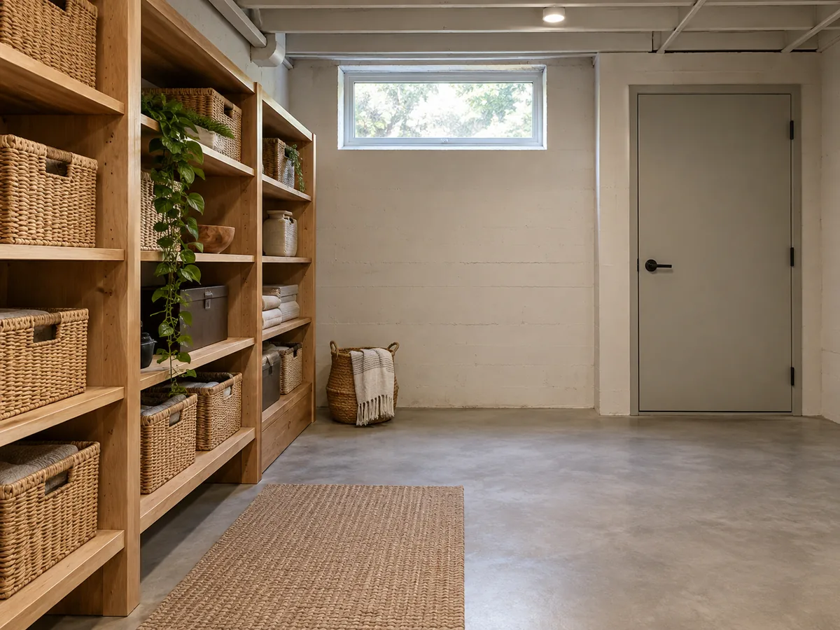 Storage shelving set apart from an equipment-access door in another room