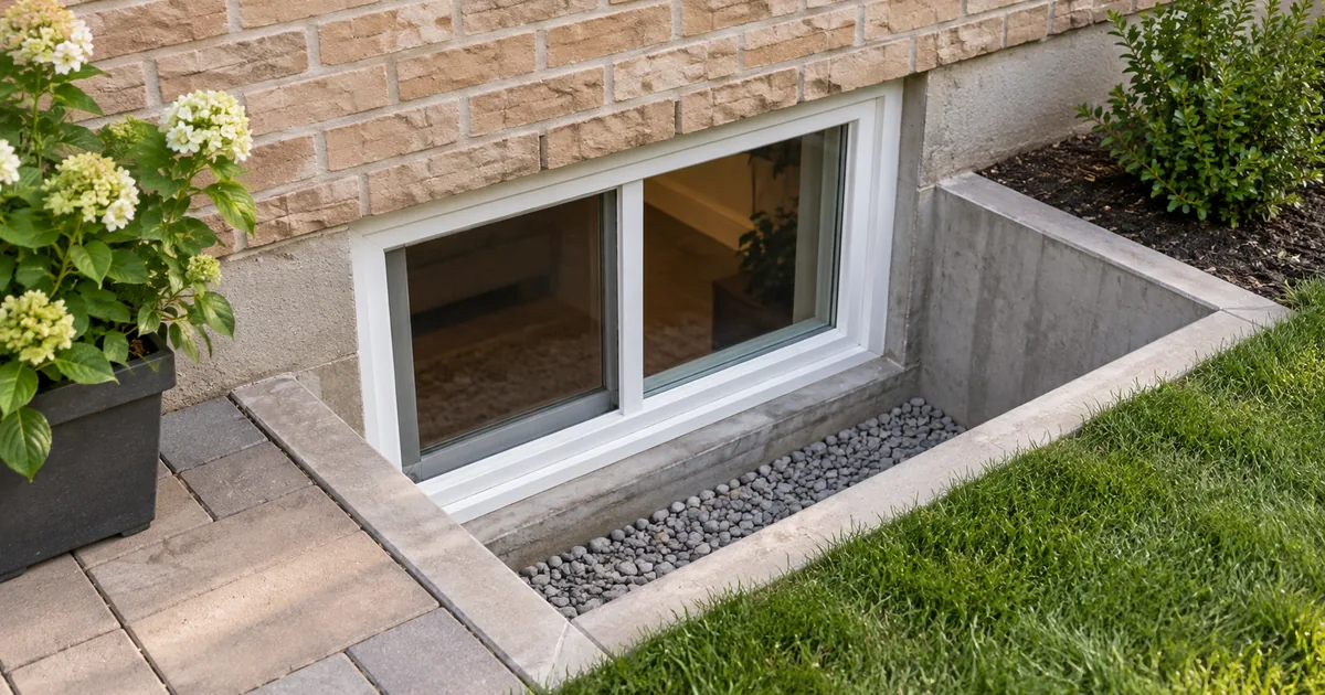 Exterior view of a basement window and window well.