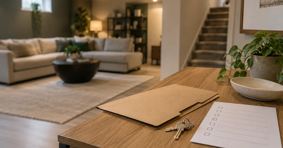 Folder, keys and an unbranded property checklist beside a basement interior
