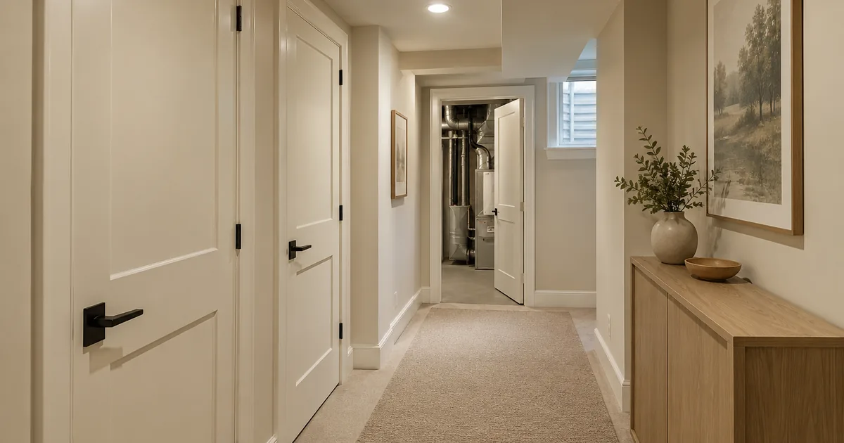 Finished basement corridor showing doors, a bulkhead and utility access