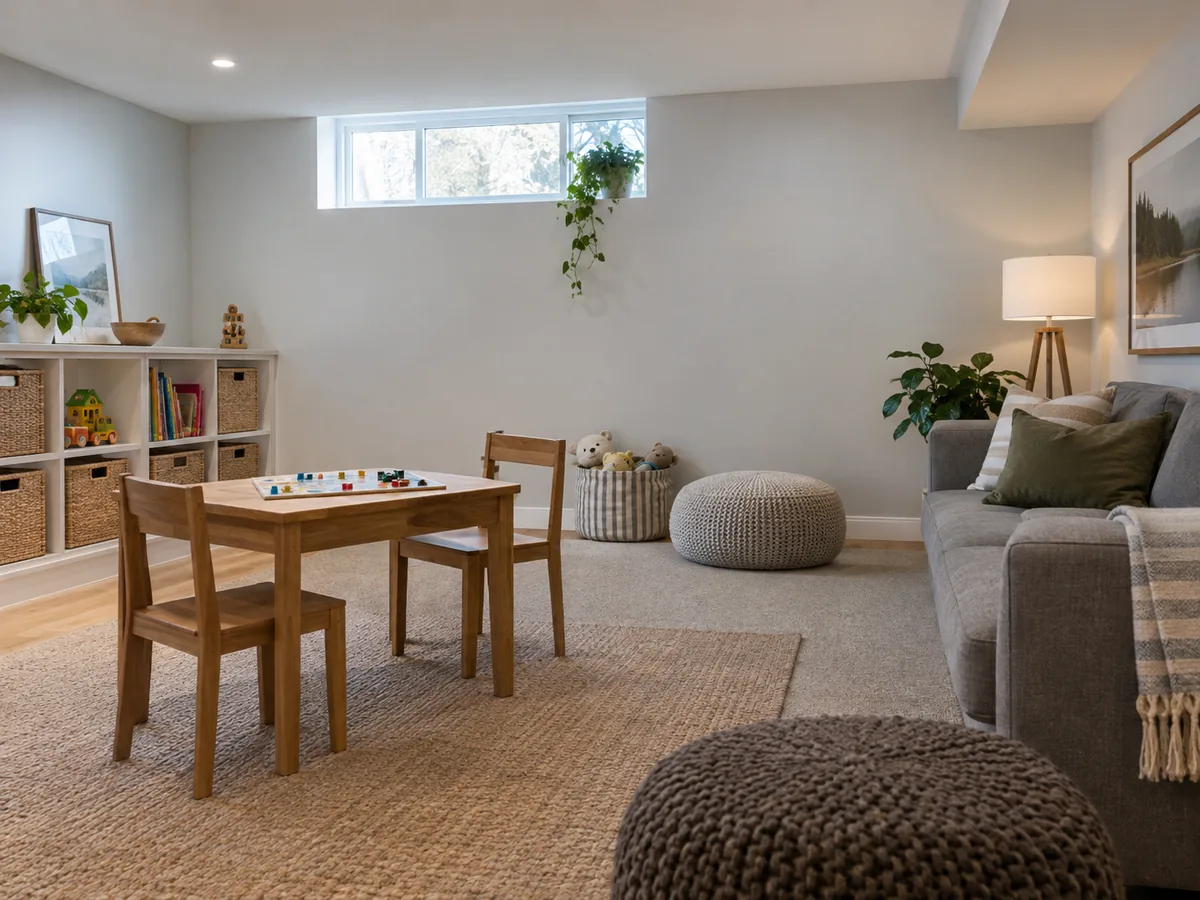 Basement recreation room without a kitchen