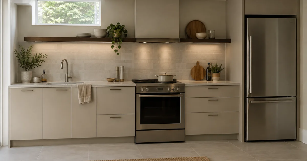 Restrained basement kitchen showing finish choices and compact space planning