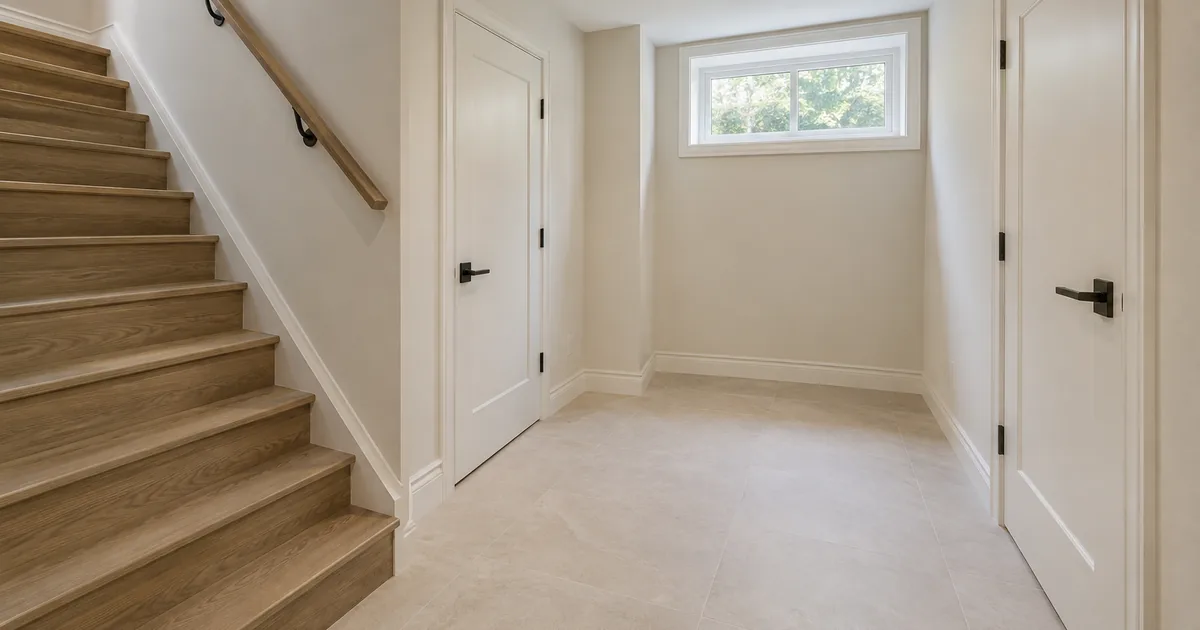 Wide basement stair landing and interior door arrangement