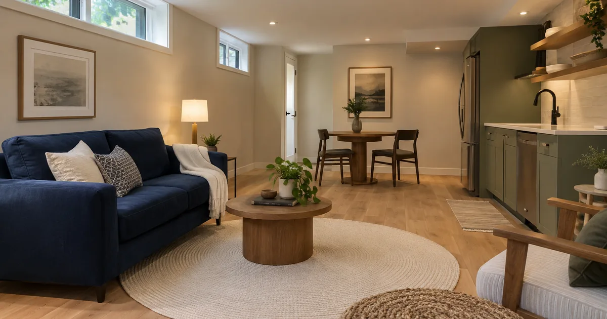 Basement living room with a modest kitchenette visible in the same composition