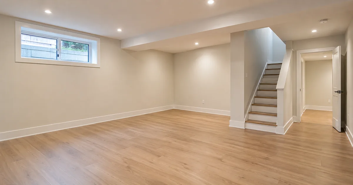 Unfurnished basement room with clear flooring, window light and a stair enclosure.