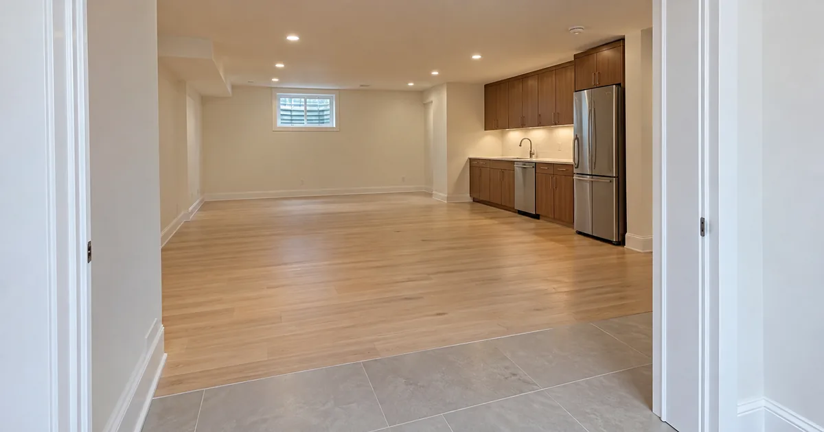 Empty basement with an entry area opening toward a compact kitchen.