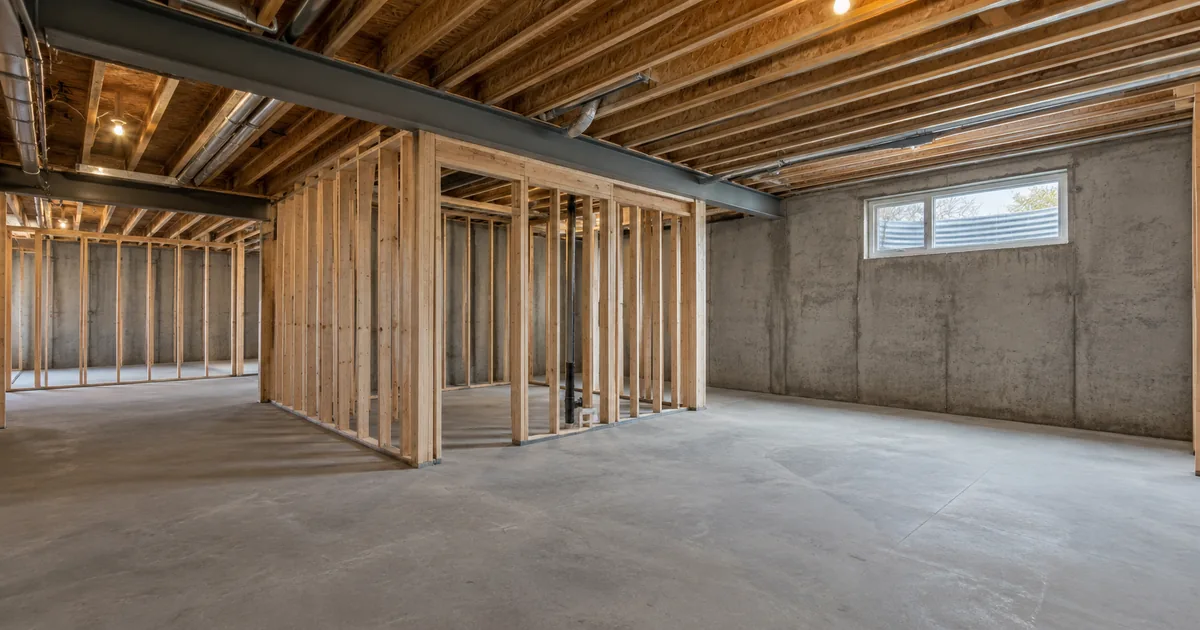 Unfinished open basement with clean framing and a visible window