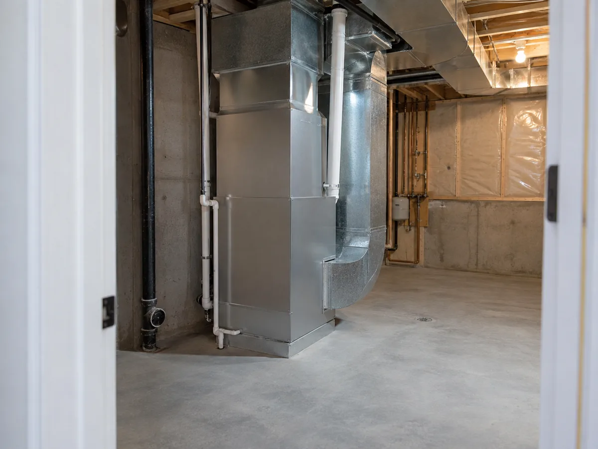 An orderly basement mechanical room with a clearly unobstructed access area