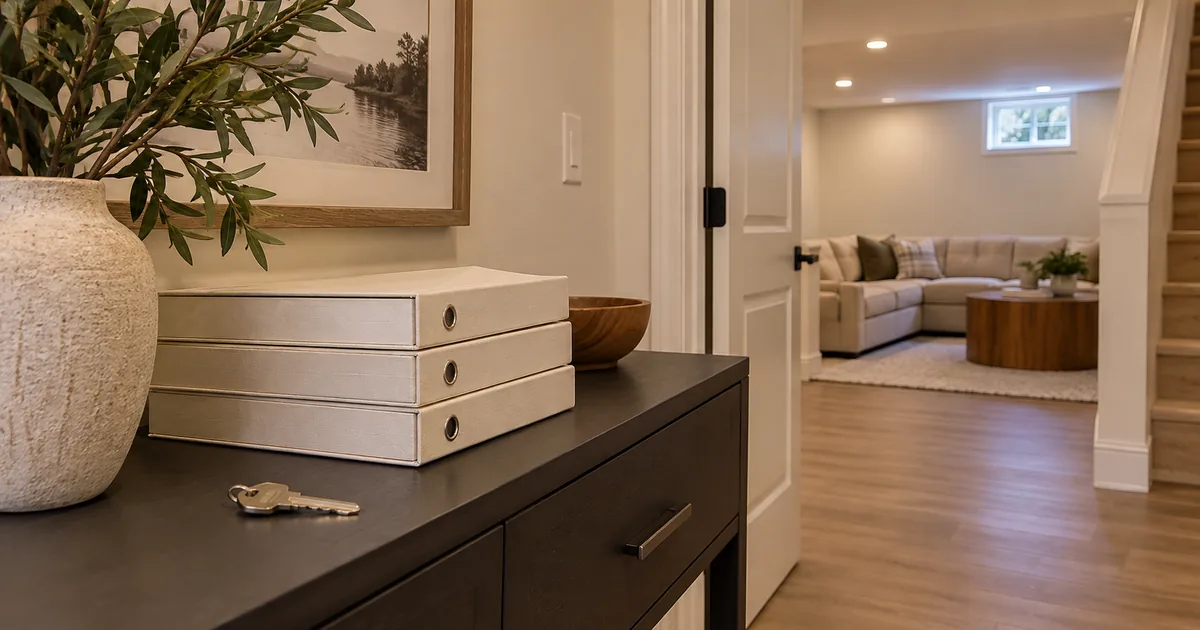 Document binders and house keys beside an interior doorway.