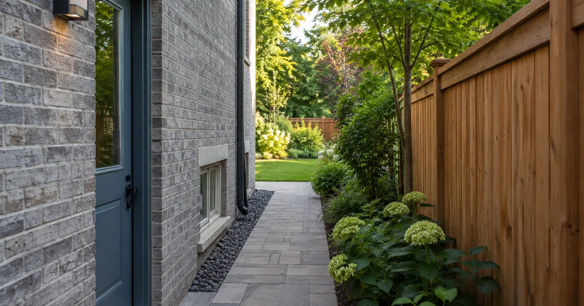 View of a narrow side passage and an existing side door